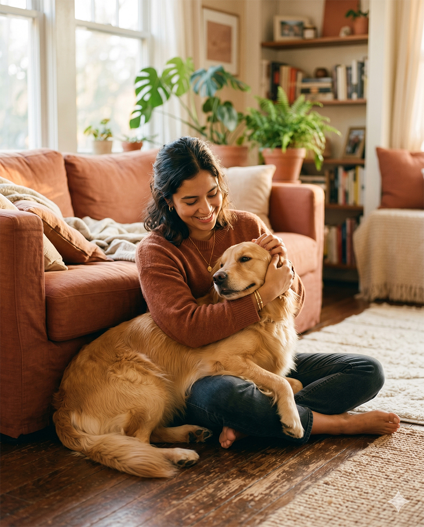 Dueña abrazando a su perro — CliniaPet conecta guardianes y veterinarios