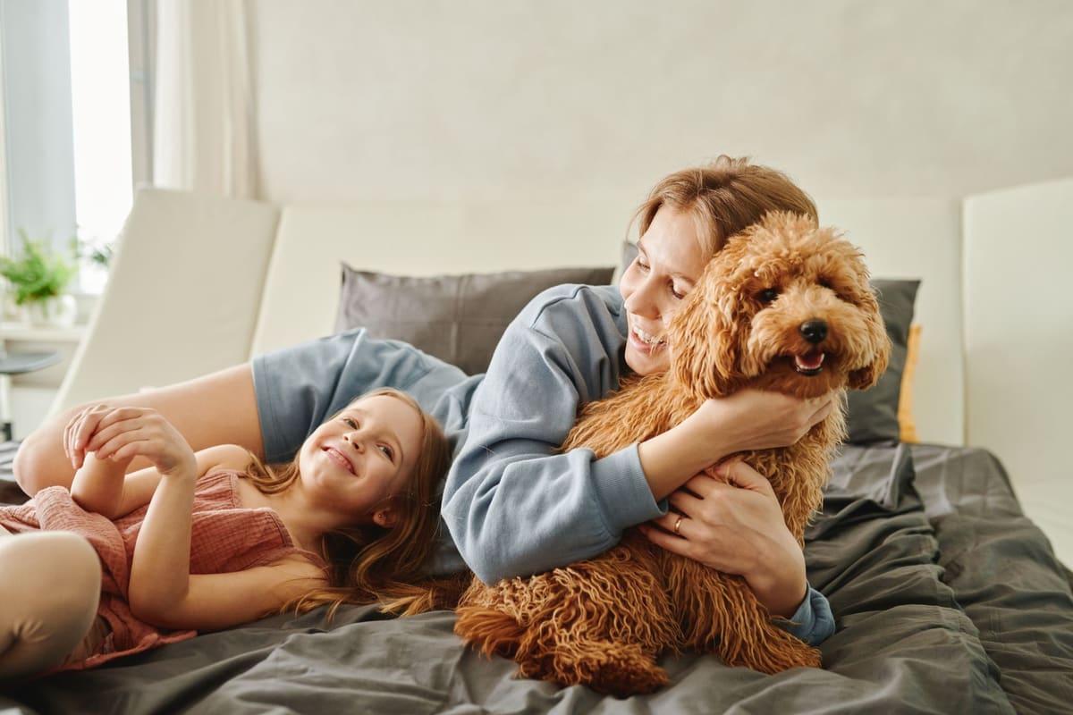 Una familia jugando con su mascota en casa